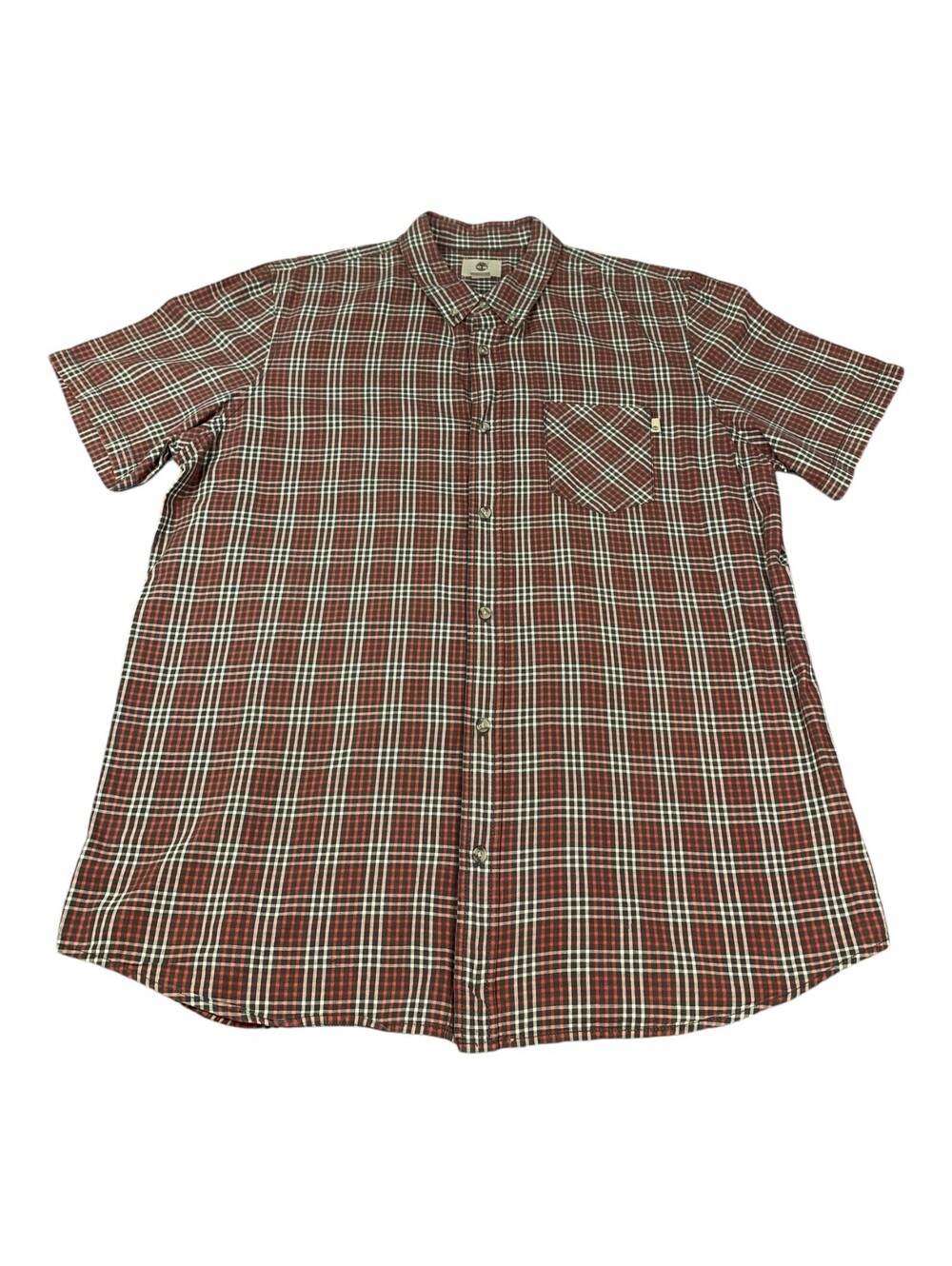 Timberland Men’s Short Sleeve Button Up Shirt Brown Red White Plaid Size XXL